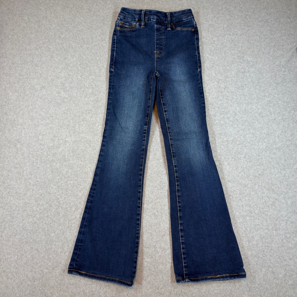 Good American Flare Jeans Womens 0 Blue High Rise Dark Wash Boho Pull On